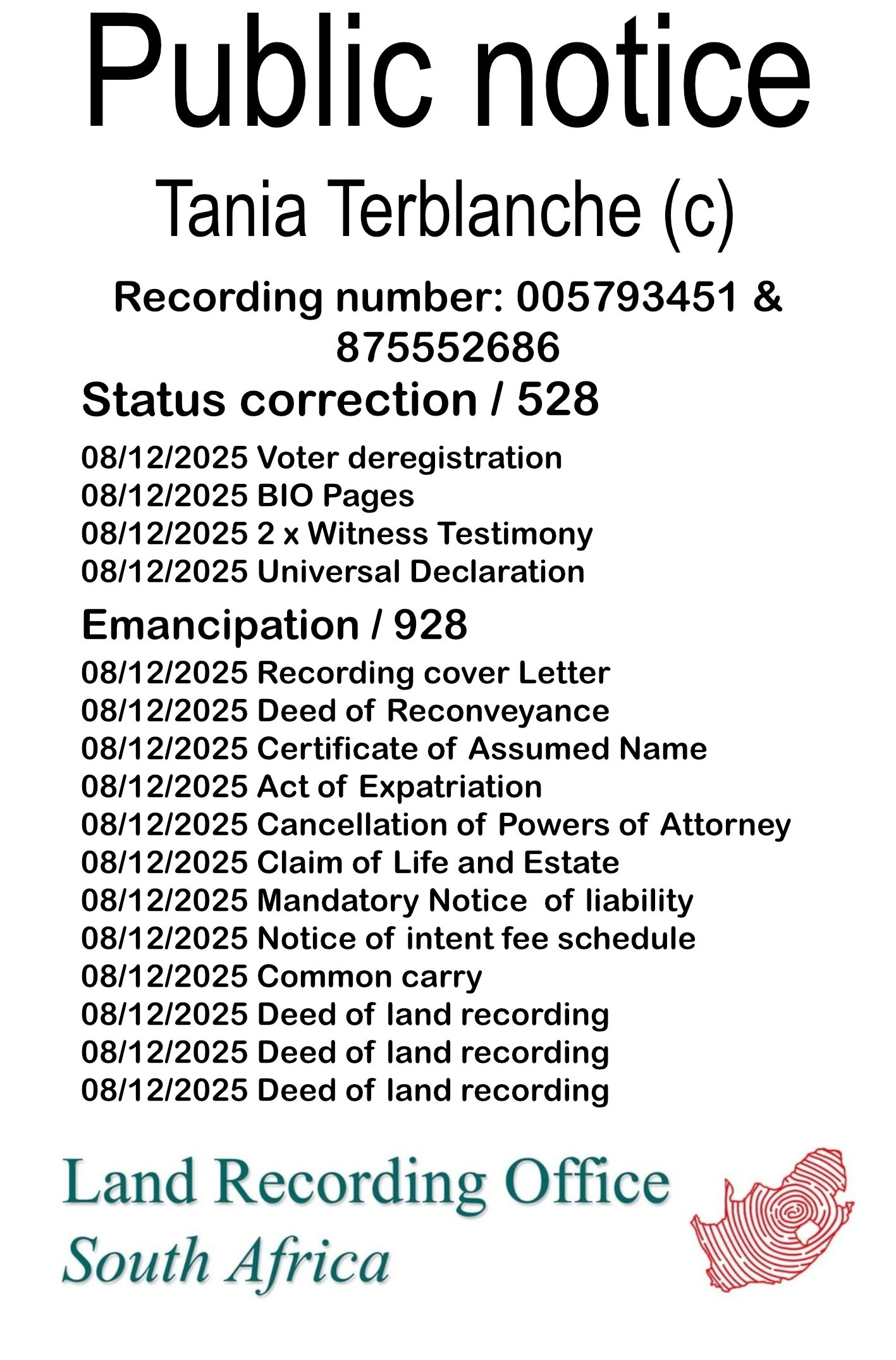 Public notice Tania Terblanche Recording number 005793451 & 875552686